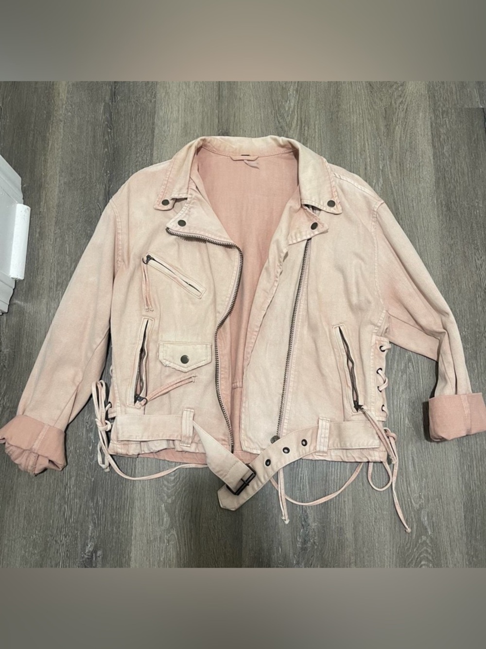 Free People Pink Moto Denim Jacket